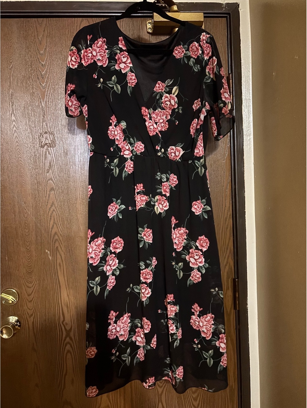 Black Floral V-Neck Midi Dress- Size 14